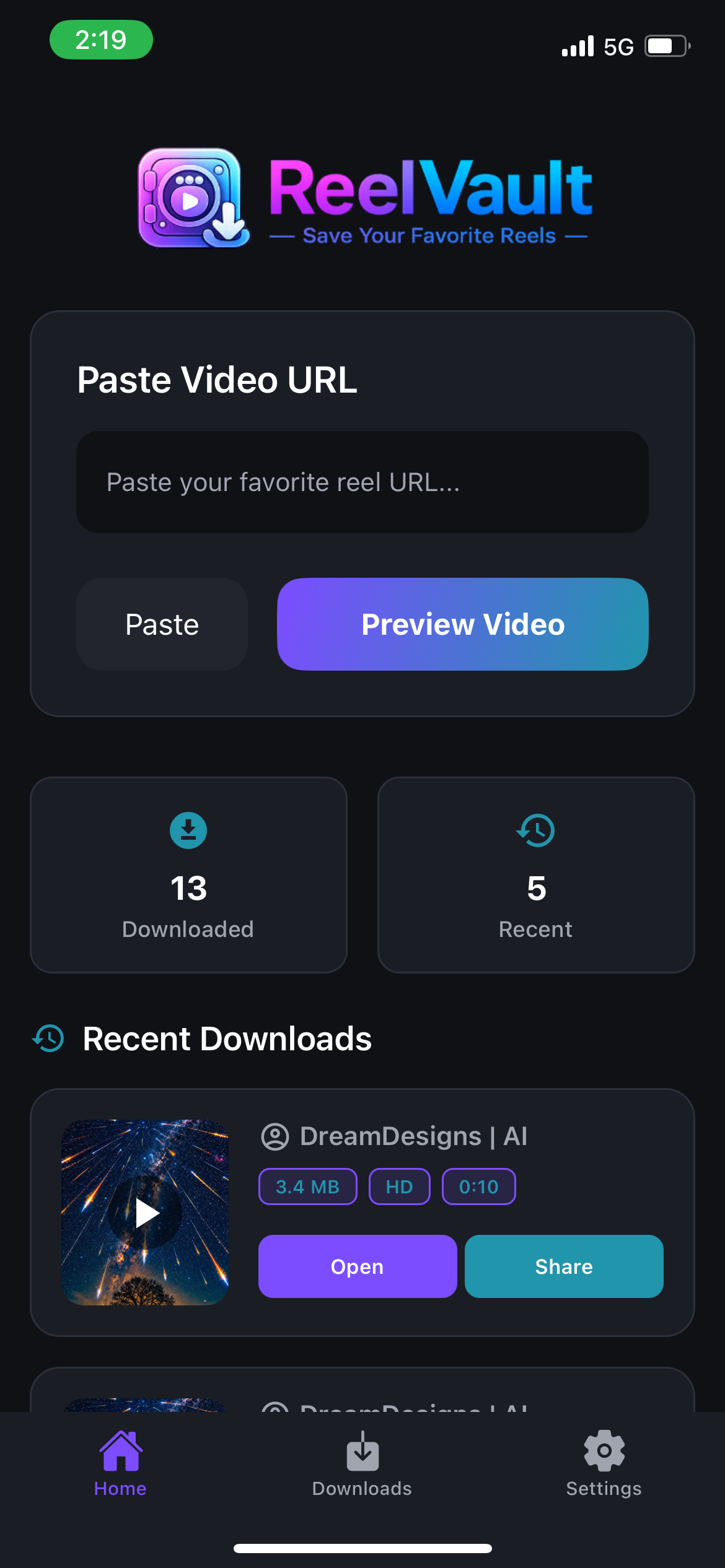 ReelVault mobile app interface showing video downloader and offline video library